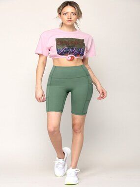 Women Premium 240GSM Fabric 8"Inseam Bike Shorts w/Pockets M & L Smoky Green